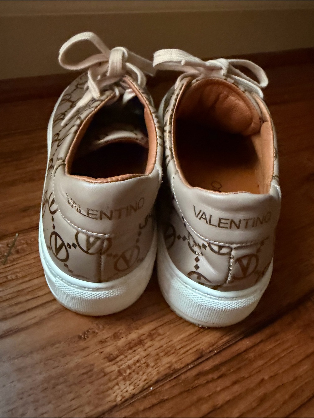 EUC Valentino Italian leather Beige and Metallic Gold Monogram lace Sneakers - Picture 9 of 9